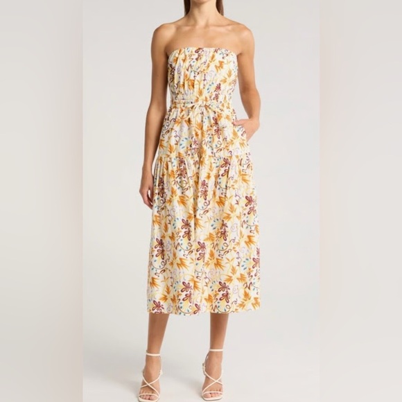 A.L.C. Clark Vibrant Multicolor Floral Strapless Cotton Midi Dress 4 - Picture 1 of 12